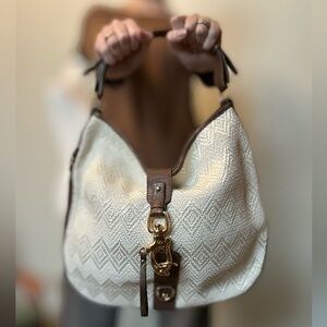 Francesco Biasia Brown Strap Bag with Gold Oval Nameplate